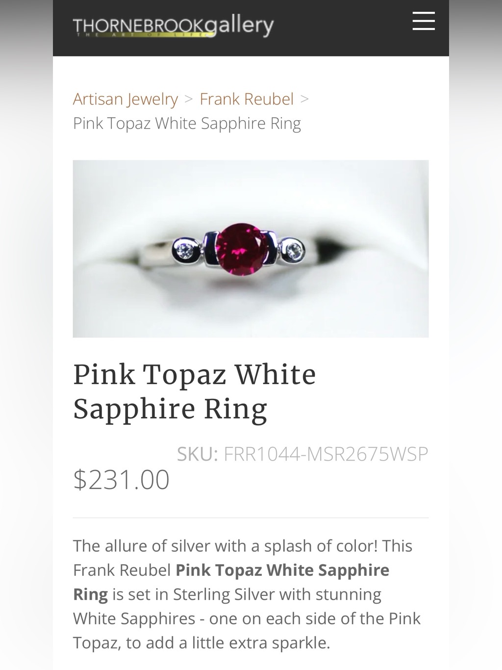 Frank Reubel Sterling Silver, Pink Topaz, And White Sapphire Ring. Size 5.25